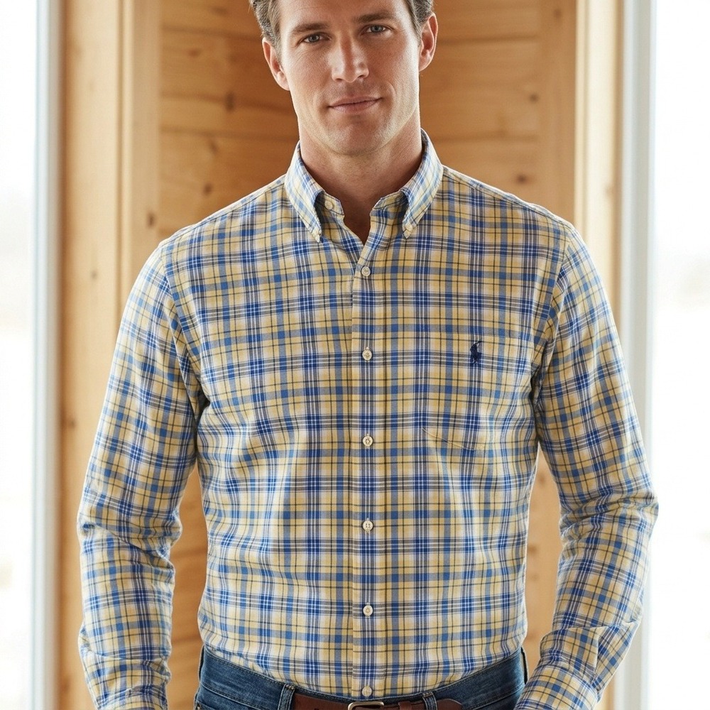 Polo Ralph Lauren Button‎ Down Shirt Mens 17 34/35 Yellow Blue Plaid Classic Fit